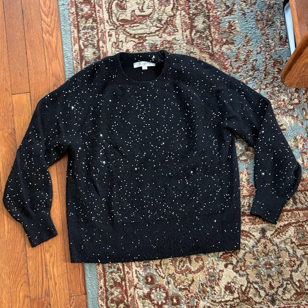 LOFT Black Crewneck Sweater with Silver Speckle